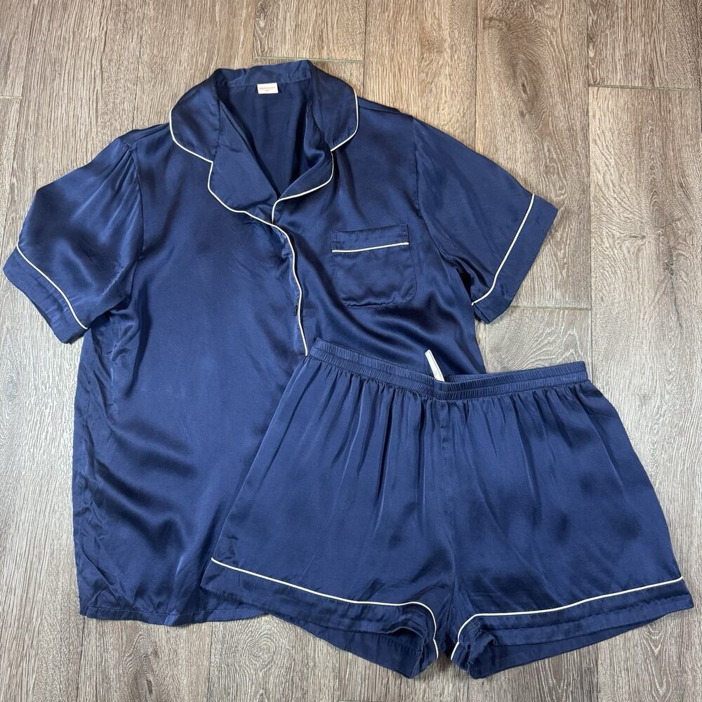 SilkSilky Mulberry Navy Shirt Shorts Set Pajama Lounge 2 Piece Size M Luxury